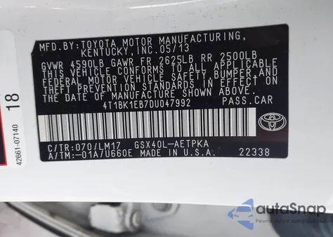 2013 Toyota Avalon Limited из США, поврежденный, VIN 4T1BK1EB7DU047992